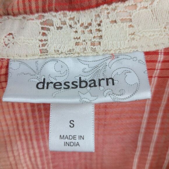 Dress Barn Lightweight Roll Tab Sleeve Blouse S Peach Coral Plaid Button India - Picture 14 of 15